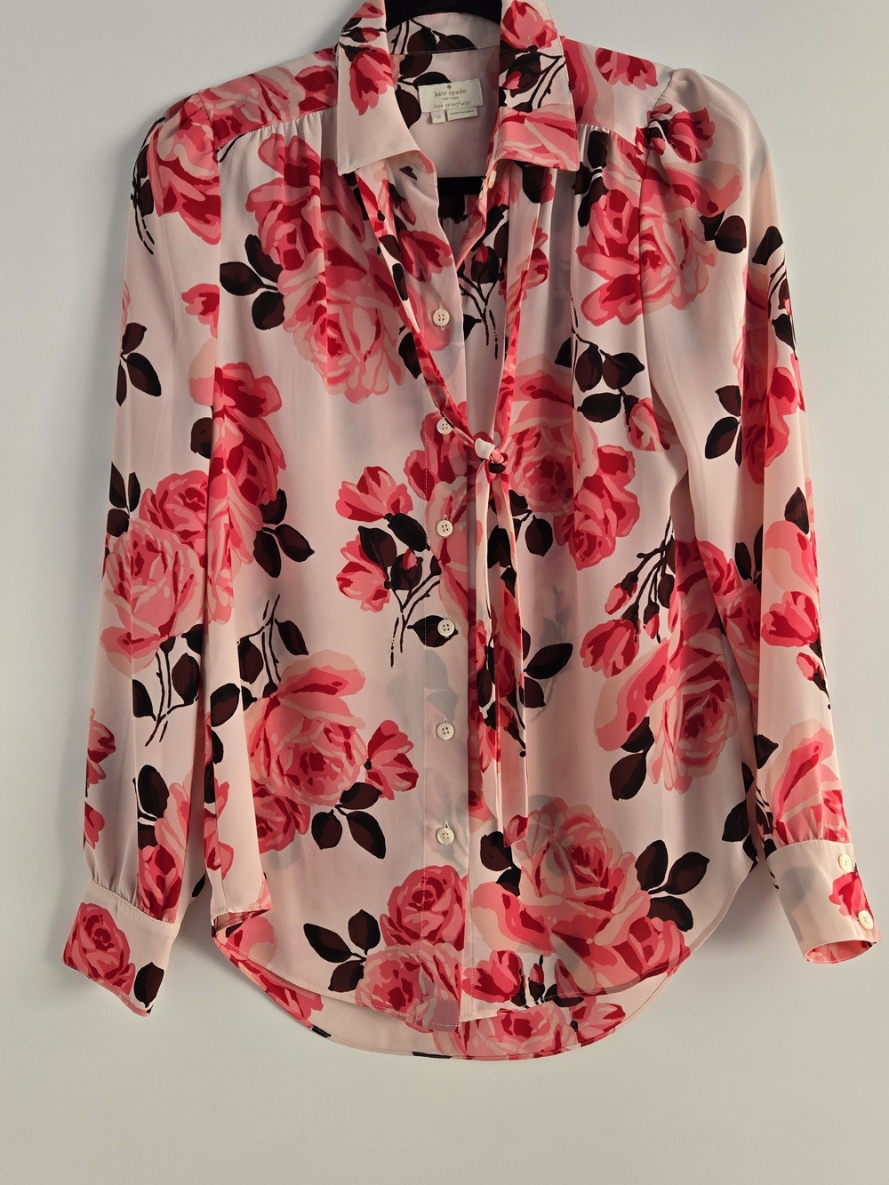 kate spade Pink and Black Floral Tie-Neck Blouse